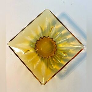 Vintage MCM Square Amber Glass Dish with Sunburst base